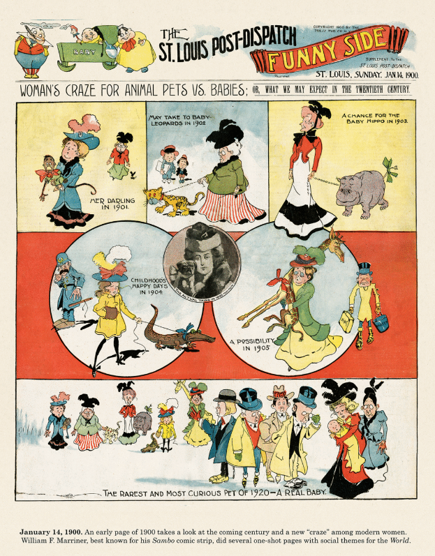 Eine Zeitungsseite aus der St. Louis Post-Dispatch Funny Side mit farbenfrohen, humorvollen Illustrationen von Menschen, Tieren und Gegenständen sowie verspieltem Text in einer munteren Schriftart.