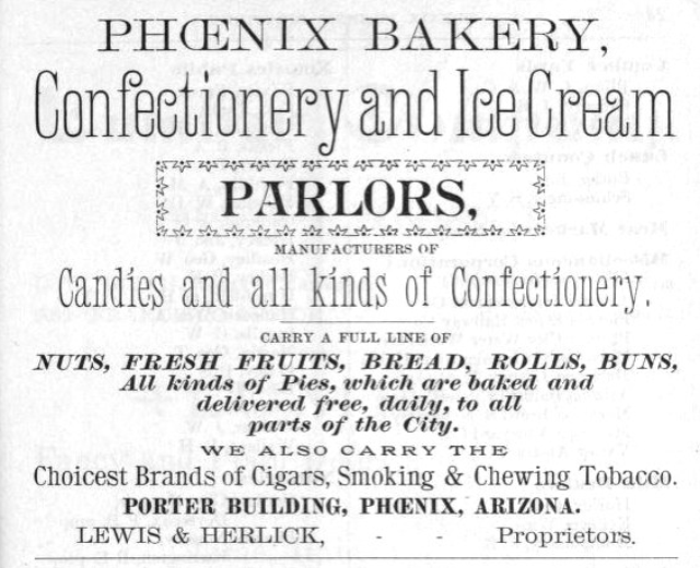 Werbung für Phoenix Bakery, ein Unternehmen für Backwaren und Eiscreme, mit Text, der die Angebote beschreibt.