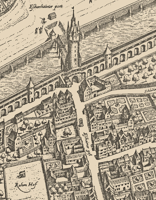 Alte Stadtkarte mit einem zentralen Schloss, Gebäuden, Bäumen, einer Brücke und Text.