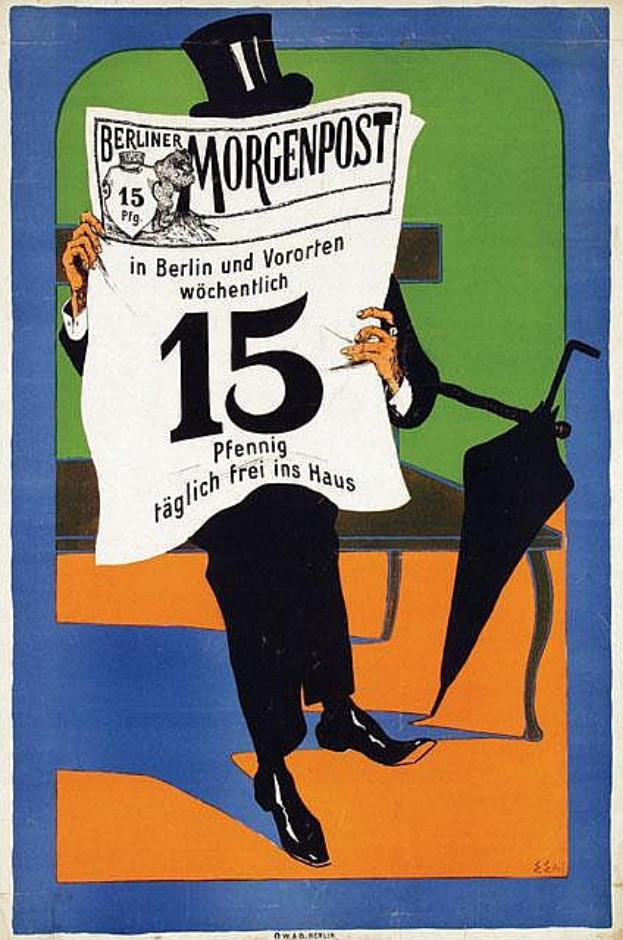 Ein Mann mit Zylinder hält eine Zeitung mit der Aufschrift "Morgenpost" und der Zahl "15" in einer deutschen Propagandaplakat aus den 1920er Jahren.