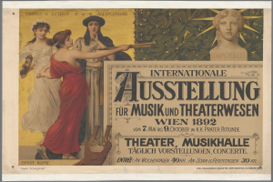 Ein Plakat für die Internationale Ausstellung für Musik und Theaterwesen in Wien, Österreich, das eine Gruppe von Menschen zeigt, die in einem Kreis stehen, wobei eine Frau in der Mitte ein Musikinstrument hält, und Text, der wahrscheinlich Informationen zum Event liefert.