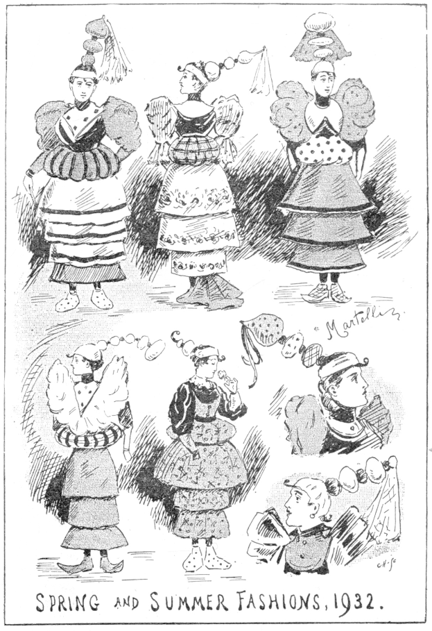 Modeskizze aus dem Jahr 1932, die Frauen in Frühjahrs- und Sommerkleidern zeigt, begleitet von beschreibendem Text.