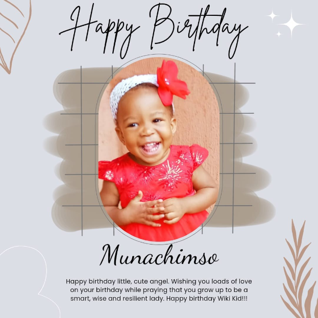 Eine Geburtstagskarte mit einem Foto eines kleinen Mädchens in einem roten Kleid, geschmückt mit bunten Ballons, Bändern und Konfetti, mit der Aufschrift "Happy Birthday!" in einer festlichen Schriftart.