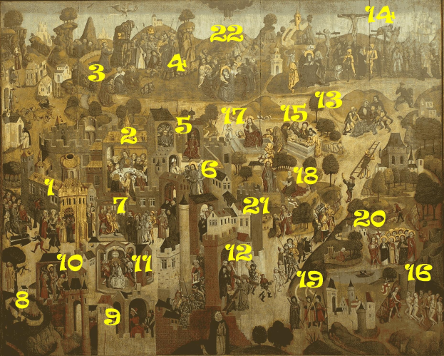 Ein Bild einer Stadtlandschaft mit Menschen, Gebaeuden und Baeumen, mit einem zentralen Kalender mit Zahlen.