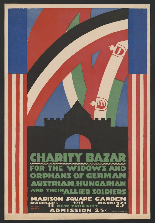 Plakat für den Wohltätigkeitsbasar der Witwen und Waisen deutscher, australischer, ungarischer und alliierter Soldaten mit Textinformationen zum Event.