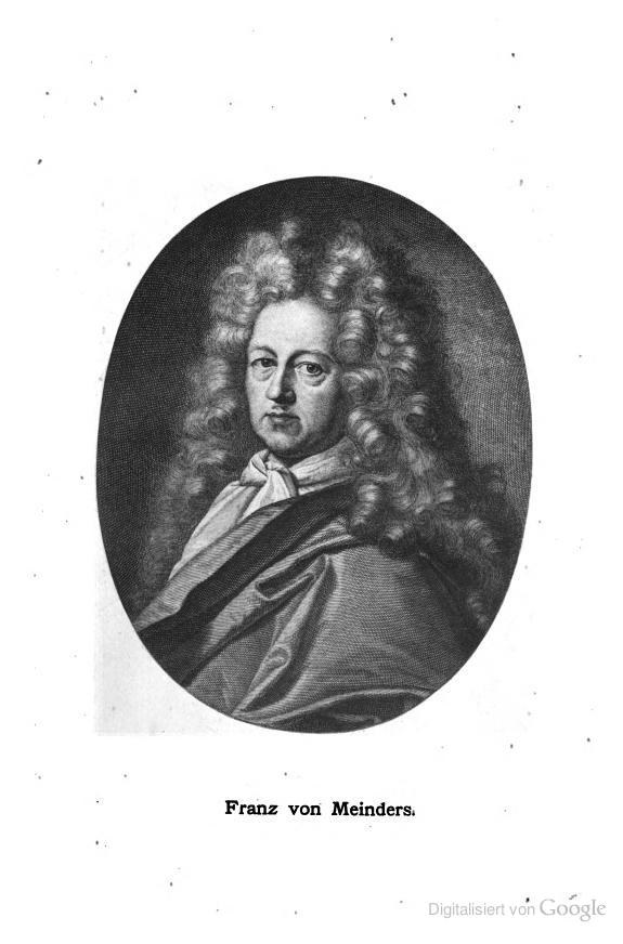 Schwarz-weiß-Portr├Ąt von Franz von Meinders, einem deutschen Komponisten mit langen Locken, und deutscher Text unten.