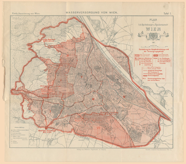 Ein detailliertes altes Stadtplan von Wien, Deutschland, der Stra√en, Gebäude, Landmarken und Text zeigt, der Informationen über die Bevölkerung, Stra√en und Landmarken der Stadt liefert.