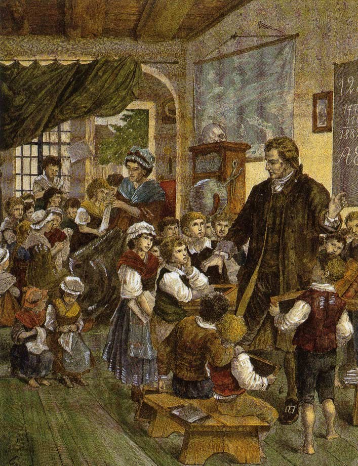Gemälde mit dem Titel 'Die Lehrerklasse' von William Hogarth, das einen Mann vor einer Klasse sitzender und stehender Kinder zeigt, mit einer Schultafel, einem gerahmten Foto, einem Fenster, einem Vorhang und einem Dach.