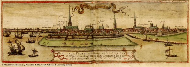 Ein altes Stadtplan von Hamburg, Deutschland, mit Booten im Wasser, Gebäuden im Hintergrund und Text, der Informationen über die Stadt enthält.