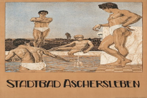 Plakat, das ein Schwimmbad in Aschersleben, Deutschland zeigt, mit Menschen im Wasser und Text über die Einrichtungen des Bades.