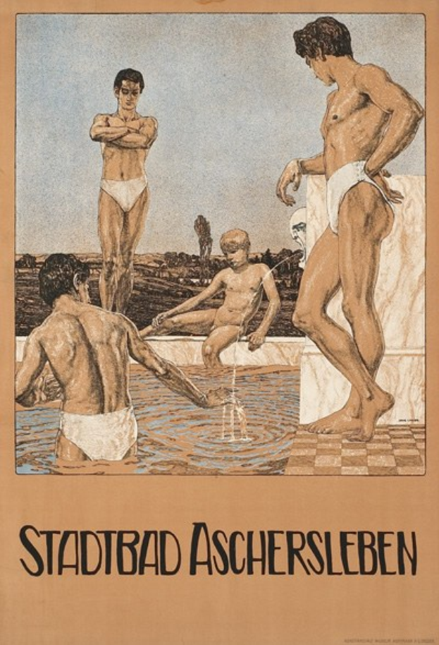 Plakat, das ein Schwimmbad in Aschersleben, Deutschland zeigt, mit Menschen im Wasser und Text über die Einrichtungen des Bades.