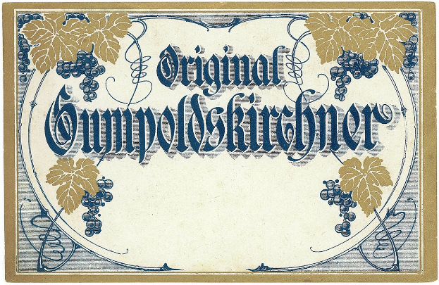 Altes deutsches Wein-Etikett mit einer Illustration von Trauben und Blättern mit Text, der den Wein-Typ angibt.