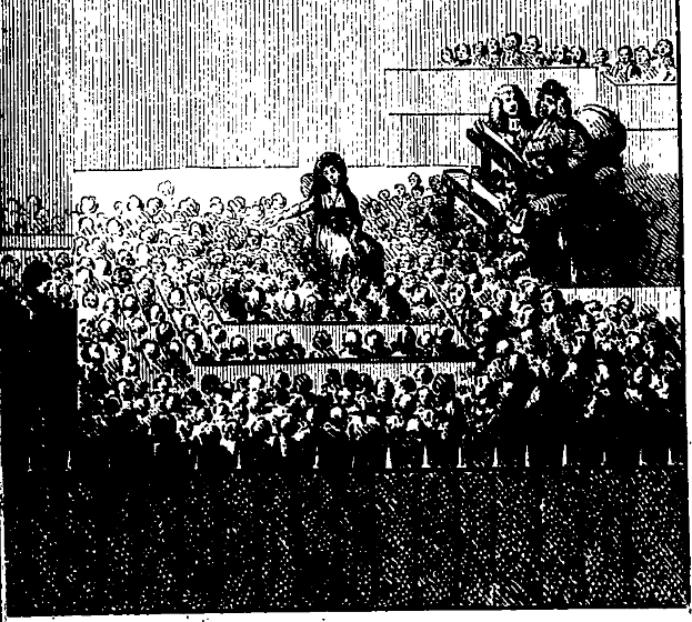 Eine Schwarz-Weiß-Zeichnung einer Menge in einem Theater, mit einigen Sitzenden und anderen Stehenden, und Text unten mit der Aufschrift "The New York Times".