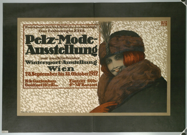 Ein Plakat für ein Wintersportevent in Wien, Österreich, das eine lachende Frau in einem Pelzmantel und -hut mit Eventdetails in Text zeigt.