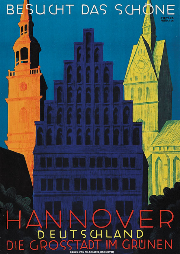 Ein Plakat, das Hannover, Deutschland, mit einigen Gebäuden, Bäumen und Texten bewirbt.