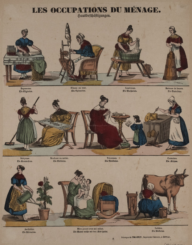 Ein Plakat aus dem 19. Jahrhundert, das geschlechtsspezifische Berufe zeigt, mit sitzenden und stehenden Figuren, einer Kuh, einem Topf mit einer Pflanze und anderen Gegenständen sowie erklärendem Text.