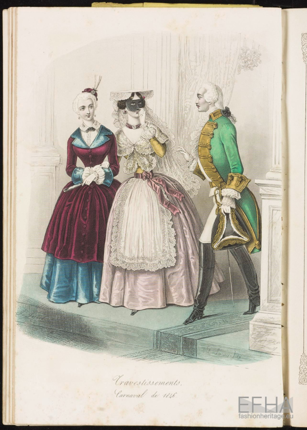 Ein aufgeschlagenes Buch mit dem Titel 'Cravestissements, Karneval von 1781' mit einer Zeichnung von drei Frauen in farbenfrohen, detaillierten Kleidern und einem Mann in einem grünen Anzug, wahrscheinlich aus dem 18. Jahrhundert.