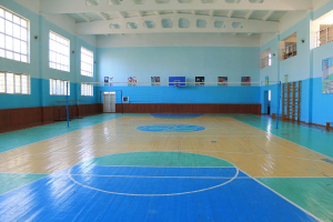 Großer Turnsaal mit blau-weißem Boden, Basketballfeld, Netz, Stangen, Tür, Fenstern, Wandplakaten, Geländer und Dach.