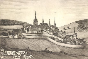 Eine Schwarz-Weiß-Zeichnung einer Stadt mit einem zentralen Schloss, umgeben von Häusern, Bäumen, Hügeln und einem Himmel, mit dem Text 'Bayerisch' unten.