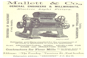 Anzeige für eine Maschine von Mallett & Co. General Engineers & Millwrights, die das Gerät und den Text mit seinen Merkmalen zeigt.