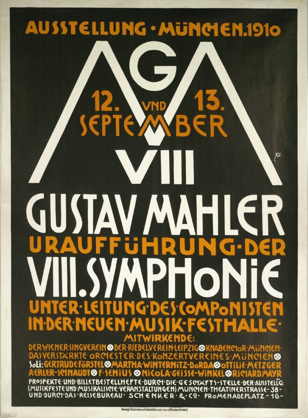 Plakat für das sinfonische Konzert von Gustav Mahler in München, Deutschland, das in der Mitte des Bildes mit Text dargestellt ist.