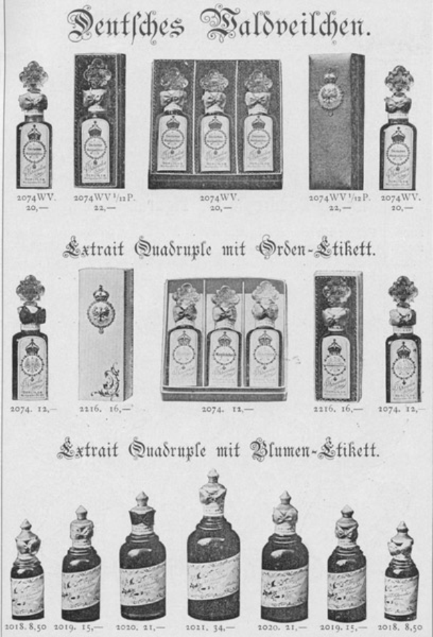 Eine Schwarz-Weiß-Anzeige mit einer Reihe verschiedener Parfümflaschen, einige offen und einige geschlossen, mit fetter Schrift.