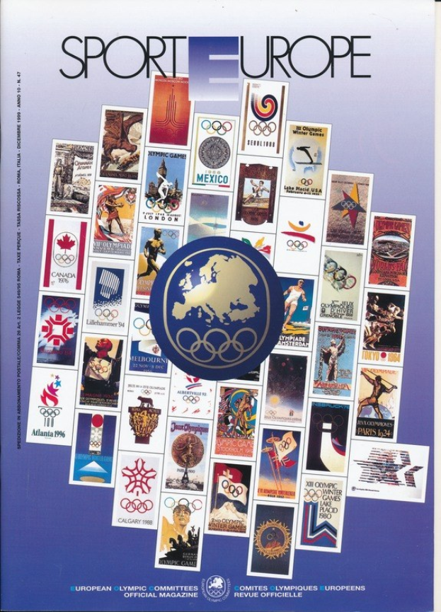Ein Buchumschlag mit dem Titel "Sporting Europe", der lebendige Olympia-Bilder aus Europa zeigt, mit fetter weißer Schrift und detaillierten Designs.