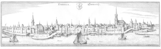 Eine Schwarz-Weiß-Zeichnung der Stadt Emmerich, Deutschland, mit Booten im Wasser und Text, der Informationen über die Stadt enthält.