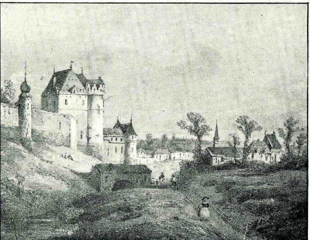 Eine Schwarz-Weiß-Zeichnung eines Schlosses in einem Feld umgeben von Bäumen und Häusern, mit dem Text "Bayerisches Schloss in Deutschland" unten.