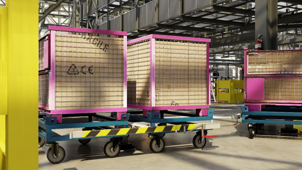 Ein großes Lager voller Kisten auf Rollwagen, eine gelbe Säule links, ein Feuerlöscher rechts, Metallstangen und andere Gegenstände im Hintergrund und der Boden unten sichtbar.