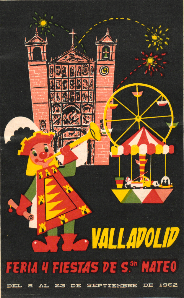 Ein buntes Faschingsplakat mit einem Gebäude, einem Riesenrad, einem Spielzeug und Text, das ein festliches Ereignis in Valladolid, Spanien, ankündigt.