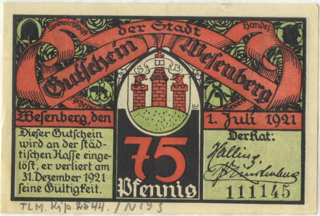 Eine alte deutsche Banknote mit einem Gebäude darauf, Text 'Bundesliga' und ein Logo unten, vor einem weißen Hintergrund.