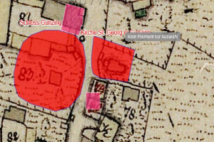 Roter Kreis, der einem Hakenkreuz ähnelt, auf einer Stadtkarte umgeben von Text und Zahlen.