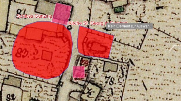 Roter Kreis, der einem Hakenkreuz ähnelt, auf einer Stadtkarte umgeben von Text und Zahlen.