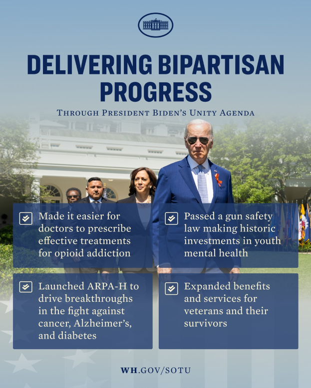 Ein Plakat mit dem Text "Bipartisanen Fortschritt durch Präsident Bidens Einheitsagenda" und Bildern von Menschen vor einem Gebäude mit Bäumen und Flaggen im Hintergrund.