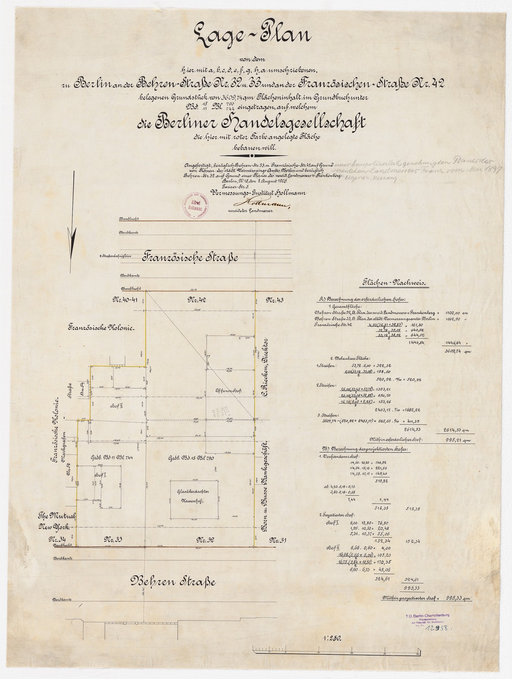Altes Dokument mit handgezeichneter Grundrissplan, betitelt "Berliner Handelagellachaft", mit Text und Stempel links im Rand.