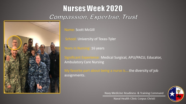 Eine Gruppe von Menschen, die auf der linken Seite lächeln, mit einer Wand und Decke im Hintergrund, und Text, der "Nurses Week 2020: Mitgefühl, Expertise, Vertrauen" lautet, mit einem Logo auf der rechten Seite.