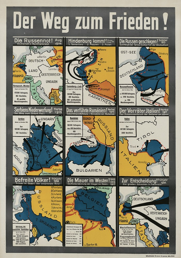 Plakat mit dem Titel "Der Weg zum Frieden" mit einer bunten Karte Deutschlands und fetter Schrift.