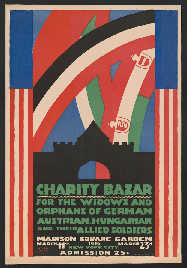 Ein Plakat für eine Wohltätigkeitsbasar, der die Witwen und Waisen deutscher, australischer, ungarischer und alliierter Soldaten unterstützt, mit Text, der die Ereignisinformationen enthält.
