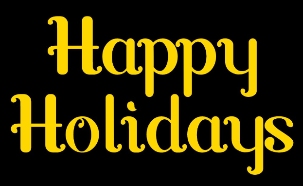 Gelber "Fröhliche Feiertage"-Text auf weißem Hintergrund.