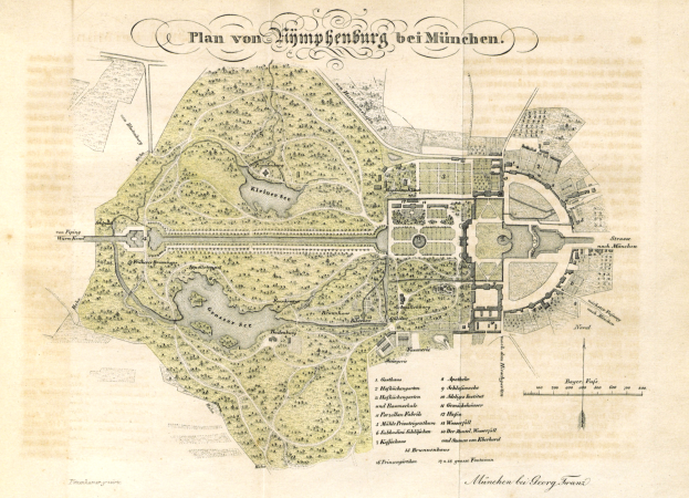 Ein altes Stadtplan von München, Deutschland, mit einem detaillierten Plan eines Parks und begleitendem Text.