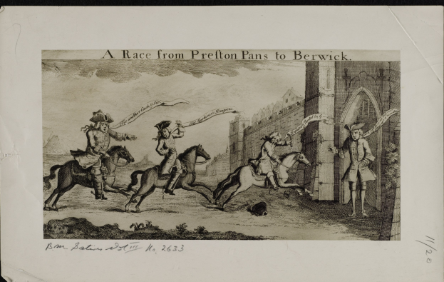 Eine historische Rennszene mit Reitern auf Pferden, die Fahnen tragen, einem Gebäude im Hintergrund und Text unten.