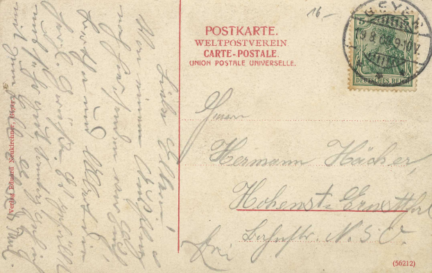 Eine alte Postkarte mit einer Briefmarke, die den Text "Postkarte Weltpostverein" und "Union Postale Universelle" trägt und von Deutschland nach Deutschland gesendet wurde.