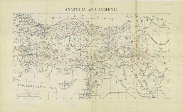Eine detaillierte Karte von Anatolien und Armenien auf Papier, mit geografischen Merkmalen und begleitendem Text.