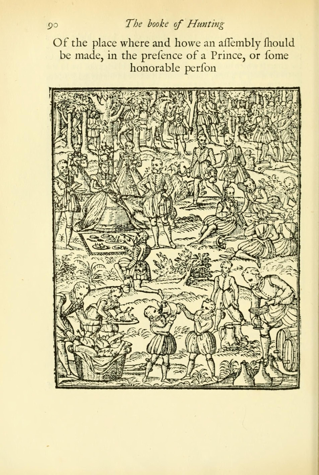 Ein aufgeschlagenes Buch mit dem Titel "Das Buch der Jagd" zeigt eine Zeichnung einer Gruppe von Menschen, die in einer grünen Landschaft mit Bäumen und Bergen jagen.