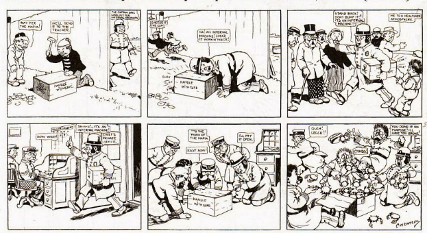 Eine Comicseite mit einem Mann im Anzug und Hut, umgeben von Menschen, Kisten und anderen Gegenständen, mit der Aufschrift "Der Mann, der lacht".