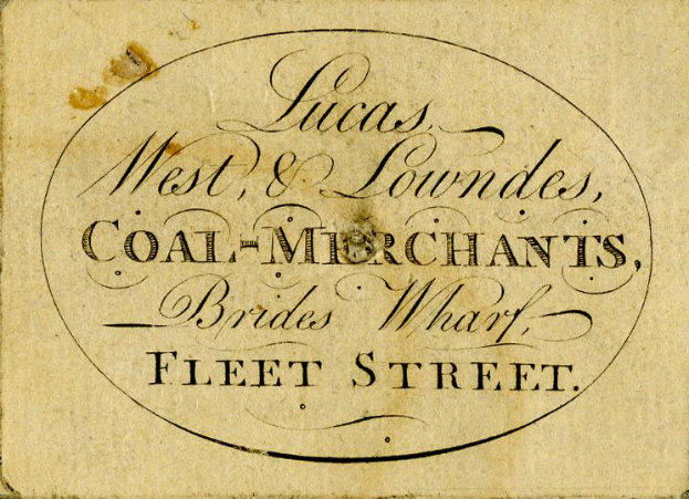 Eine alte Visitenkarte mit der Aufschrift "Lucas, West & Lownes, Kohlhändler, Brides Wharf, Fleet Street" darauf.