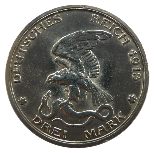 Silbermünze mit einem Adler, der eine Schlange umklammert, mit ausgebreiteten Flügeln, Text 'Deutsches Reich' auf einem weißen Hintergrund.