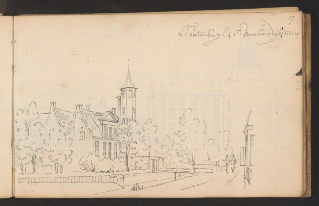 Ein aufgeschlagenes Buch mit dem Titel "Johannes Vermeers Skizzenbuch der Stadt Maastricht, 1721-1849" zeigt eine detaillierte Stadtansicht mit Gebäuden, Bäumen und realistisch dargestellten Menschen.