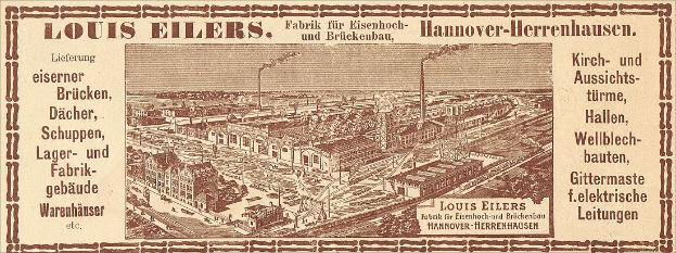 Eine alte Werbung für die Louis Eilers Hannover-Herrenhausen-Fabrik, die das Fabrikgebäude mit darübergelegtem Text zeigt.